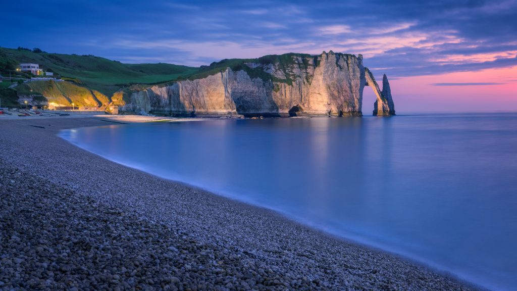 The chalk cliffs of Etretat during blue hour, Normandy, France