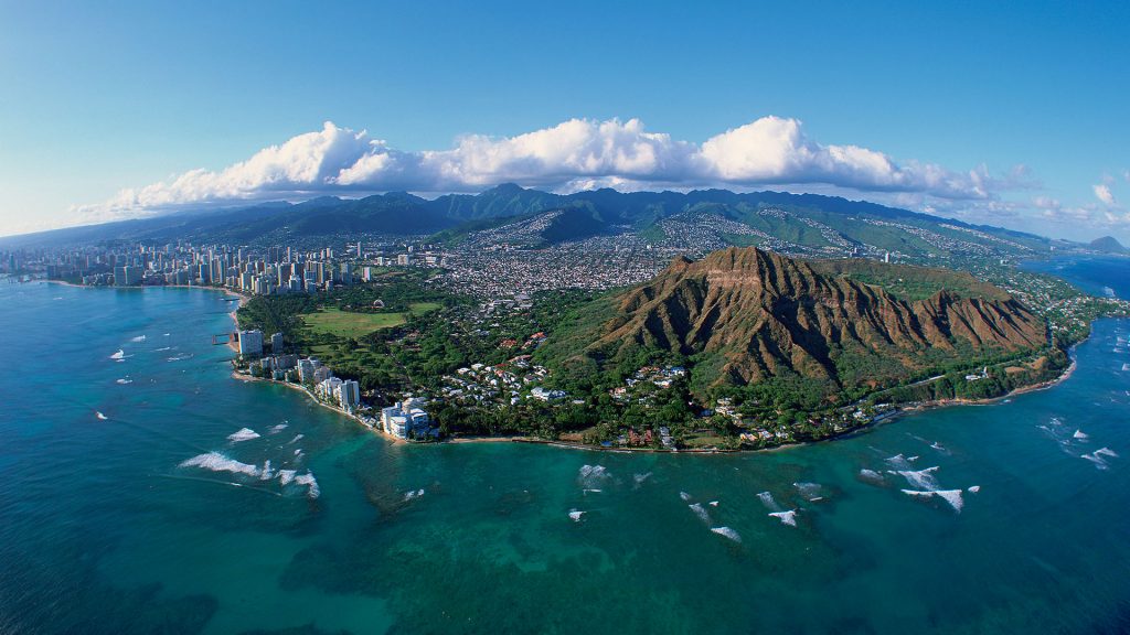 Aerial view of Diamond Head, Honolulu, Oahu, Hawaii, USA