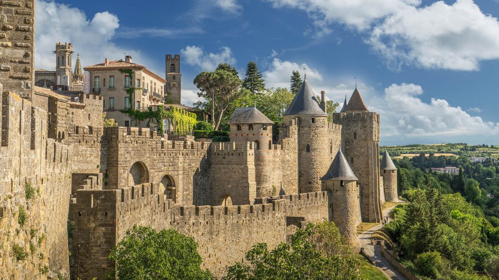 The Cité de Carcassonne restored medieval citadel, Carcassonne, Aude, Occitanie, France