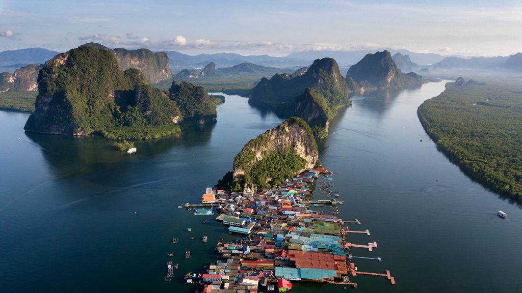 Aerial view of floating village Ko Panyi and limestone mountains in Andaman Sea, Thailand
