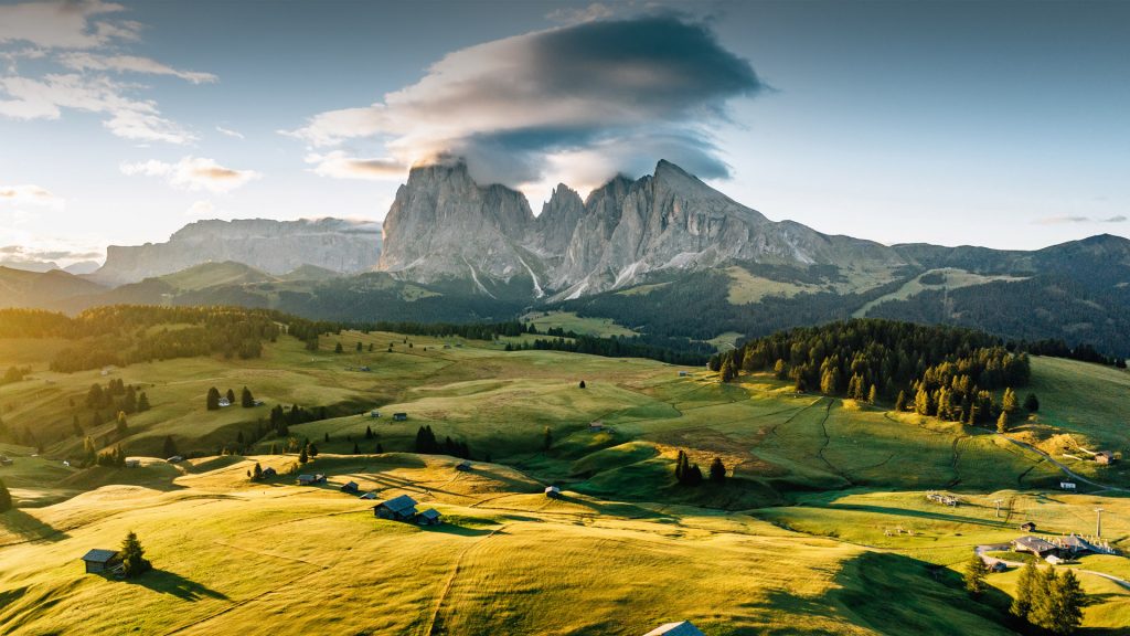 Aerial view of Seiser Alm, sunrise in Italian Dolomites, famous landmark in northern Italy