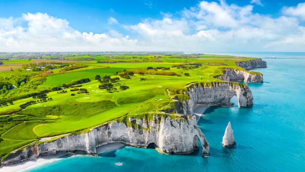 Aerial view of the cliffs of Etretat, La Manche or English Channel, Normandy, France