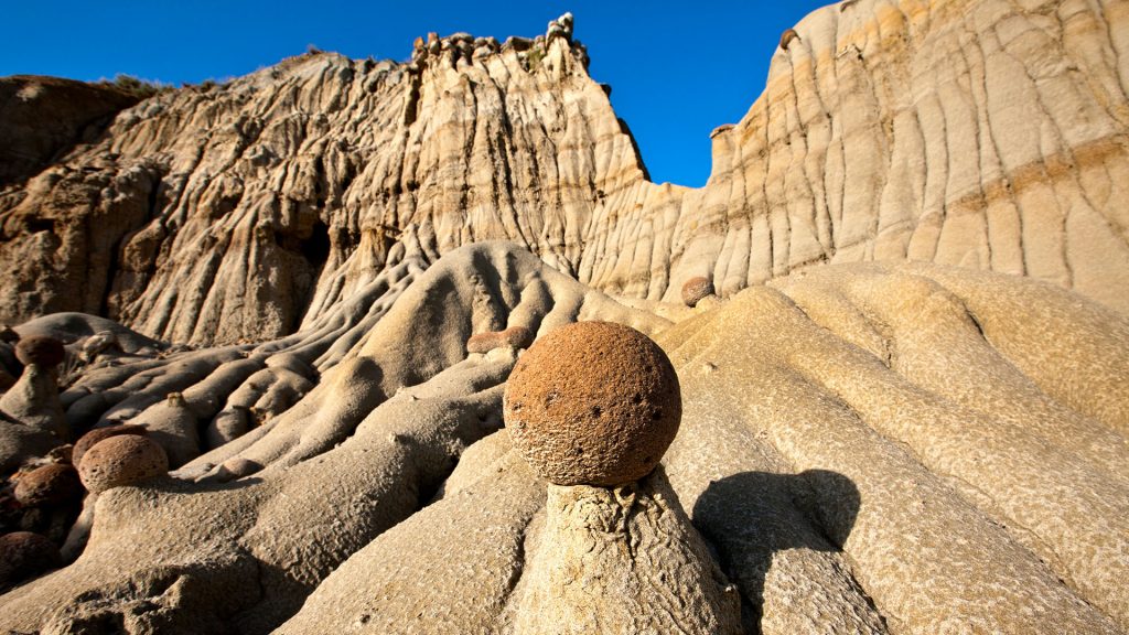 Rock formations in badlands landscape of Theodore Roosevelt National Park, North Dakota, USA