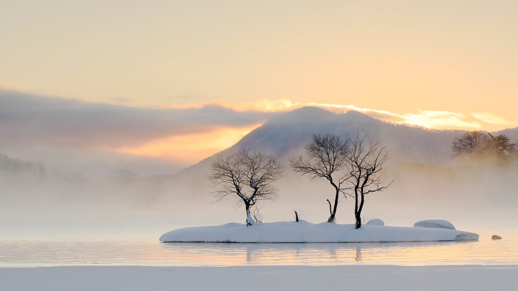 Misty morning scene at Lake Hibara, Yama-gun, Fukushima prefecture, Japan