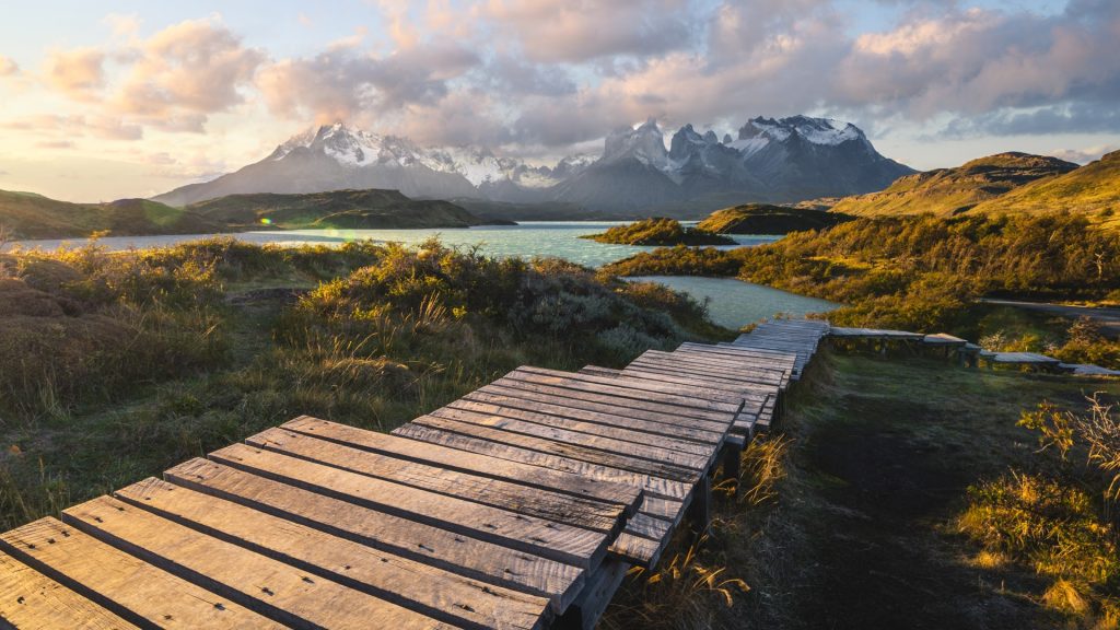 Boardwalk to Lake Pehoe in Torres del Paine National Park, Magallanes Region, Chile