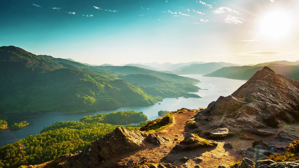 Loch Katerine at sunset in summer, Loch Lomond and The Trossachs National Park, Scotland, UK