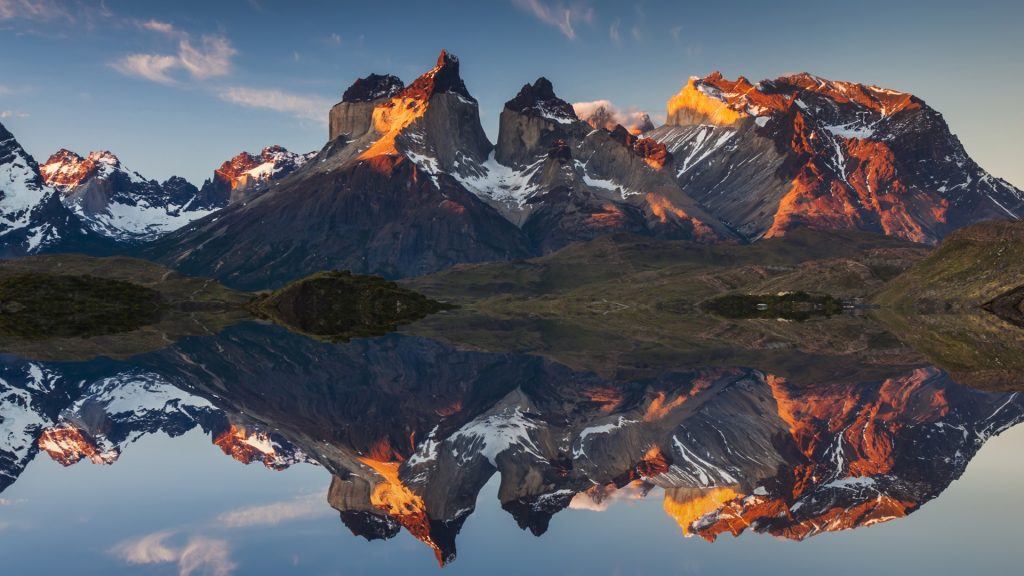 Colorful sunset in Torres del Paine national park at Lake Pehoe, Chile