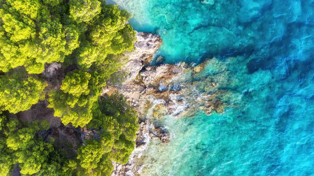 Summer seascape from air, turquoise water from top view, Dubrovnik, Croatia coast
