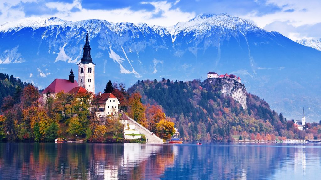 Bled with lake, island, castle and mountains in background, Slovenia