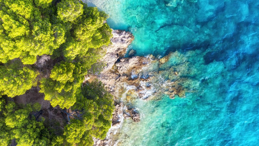 Summer seascape from air, turquoise water from top view, Dubrovnik, Croatia coast