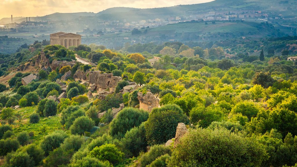 Aerial view of the Valley of Temples near Agrigento, Sicily, Italy