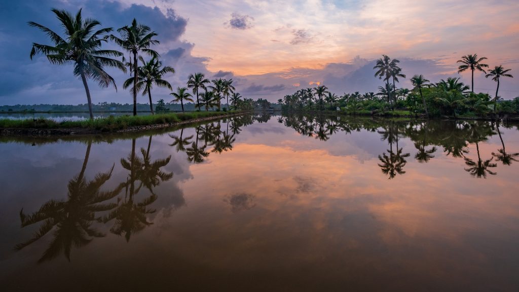 Sunrise view from landscape backwater, Kadamakkudy, Kerala, India