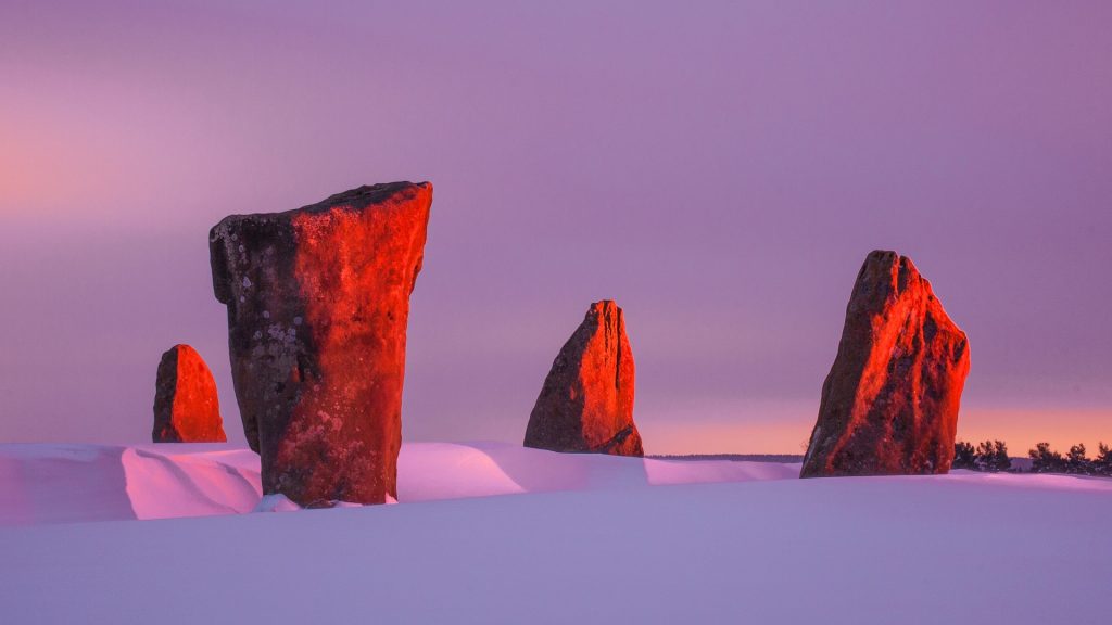 Red winter dawn, Nine stones close, Peak District, Derbyshire, England, UK