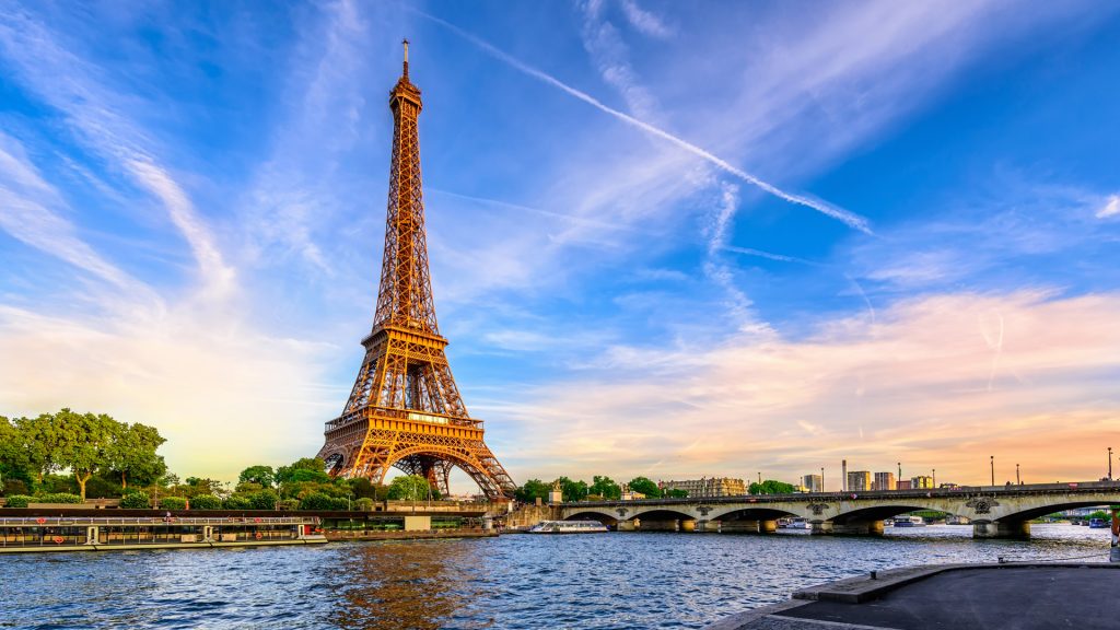 Eiffel Tower and river Seine at sunset in Paris, France