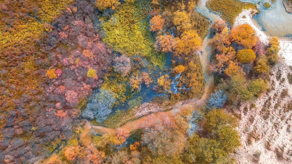 Aerial view of autumn nature landscape, Chifeng, Inner Mongolia, China