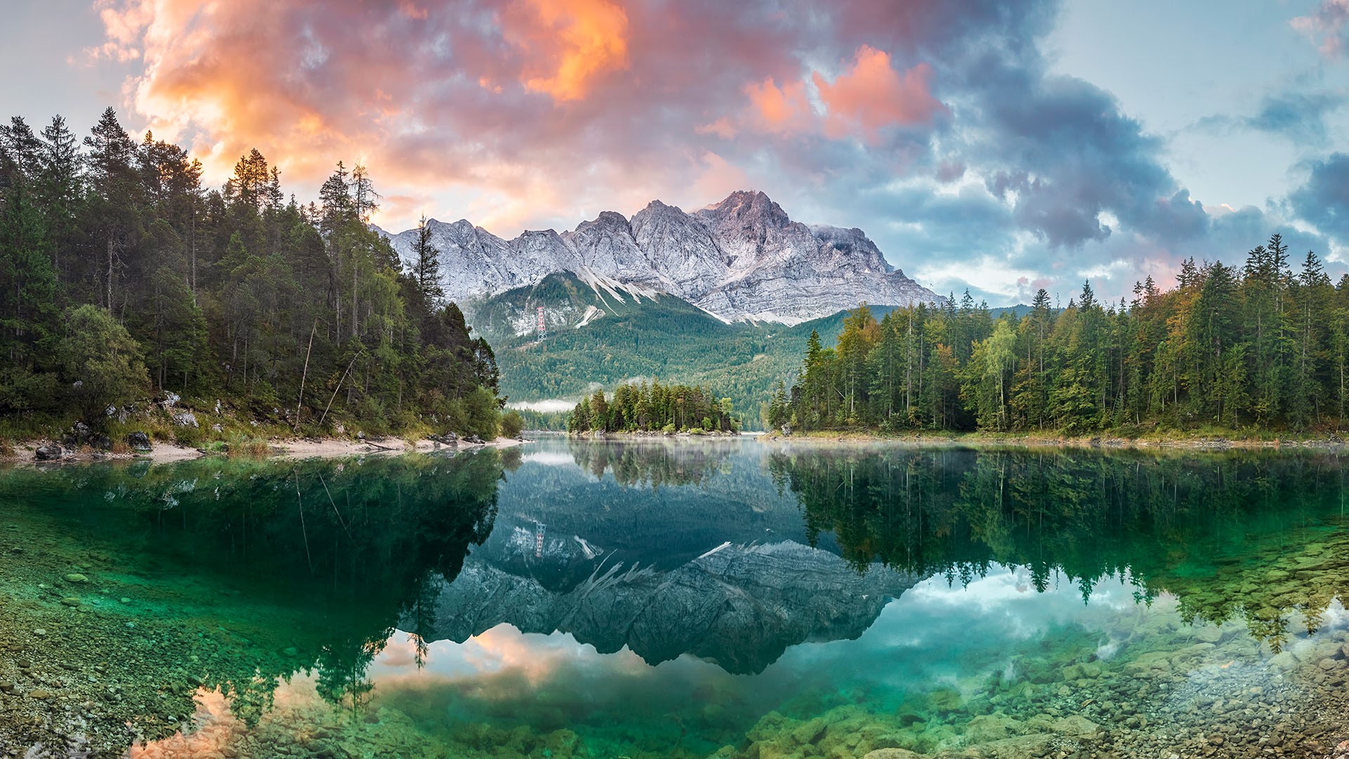 Mountain Peak Zugspitze Summer Day At Lake Eibsee Garmisch 