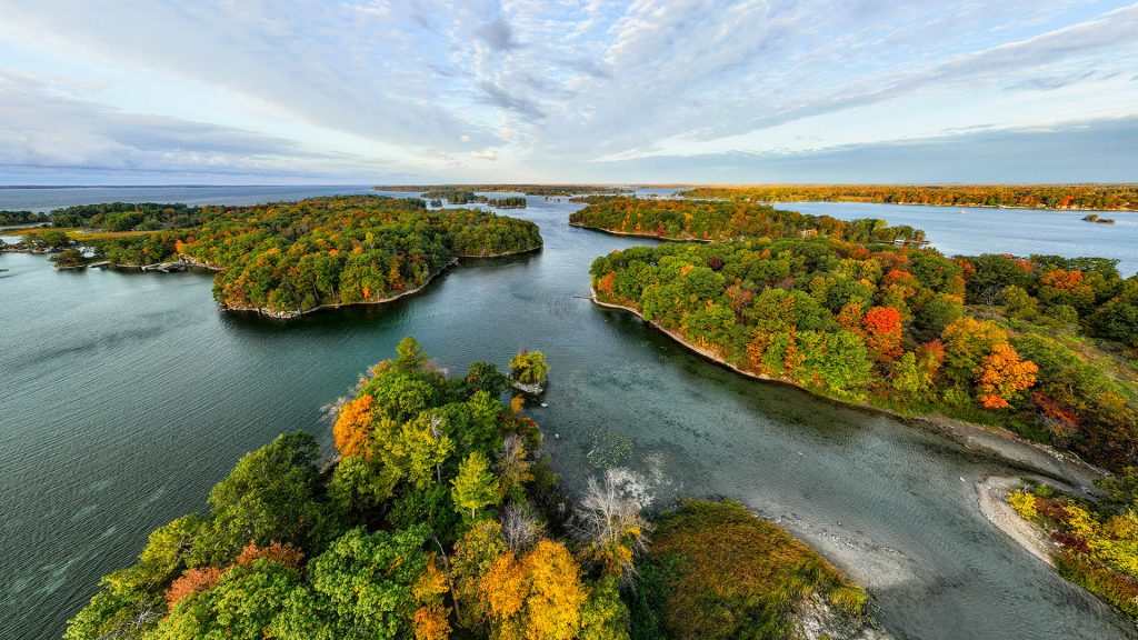 Thousand Islands aerial view, Saint Lawrence River, lake Ontario, Kingston, Ontario, Canada