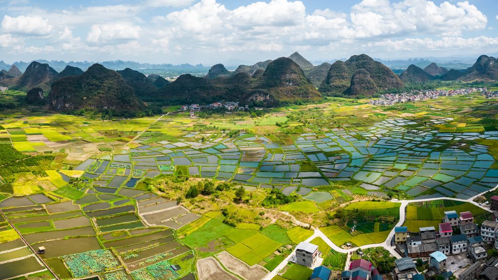 Aerial view of great landscape, glass fields at Huixian Town, Guilin, China