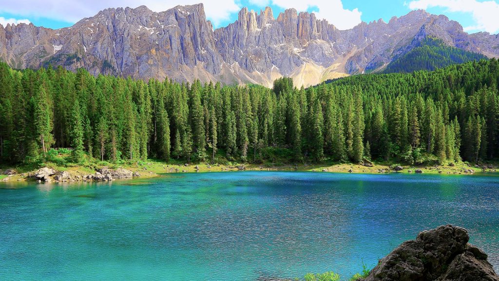 Carezza lake (Lago di Carezza or Karersee) near Latemar Massif, Dolomites, South Tirol, Italy
