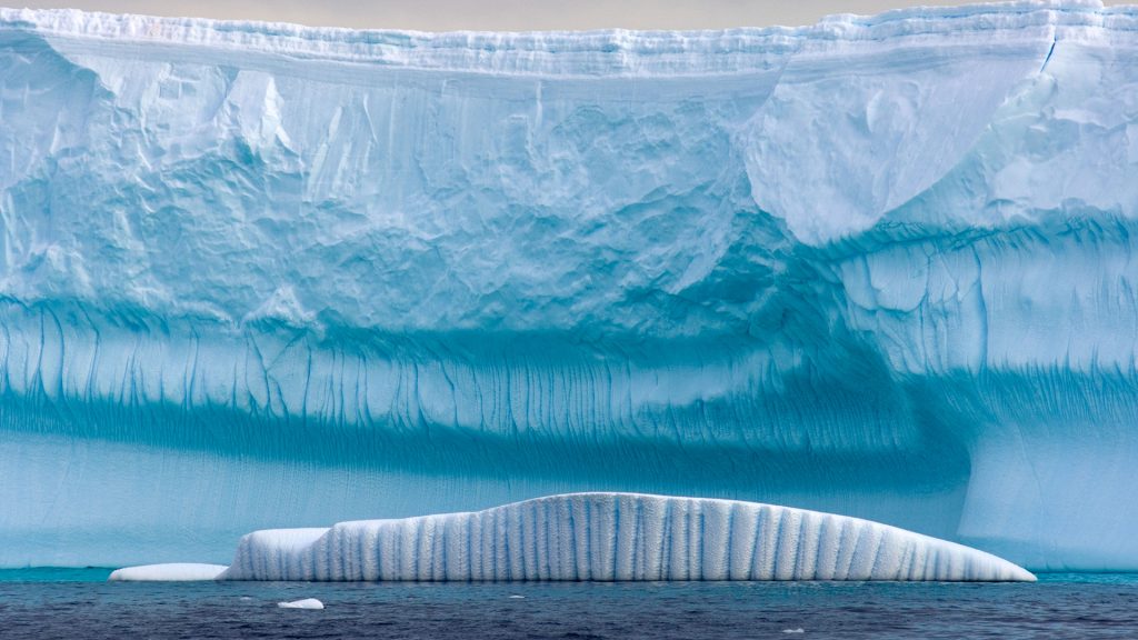 Iceberg in front of a glacier, western Antarctic peninsula, Antarctica, Southern Ocean