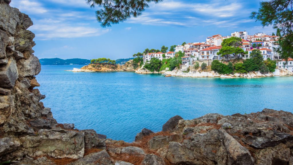 Scenic town of Skiathos Chora in Skiathos island, Sporades, Greece