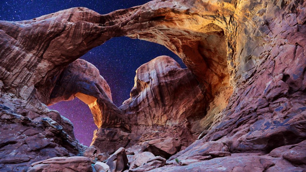 Night exposure of Double Arch in Arches National Park, Utah, USA