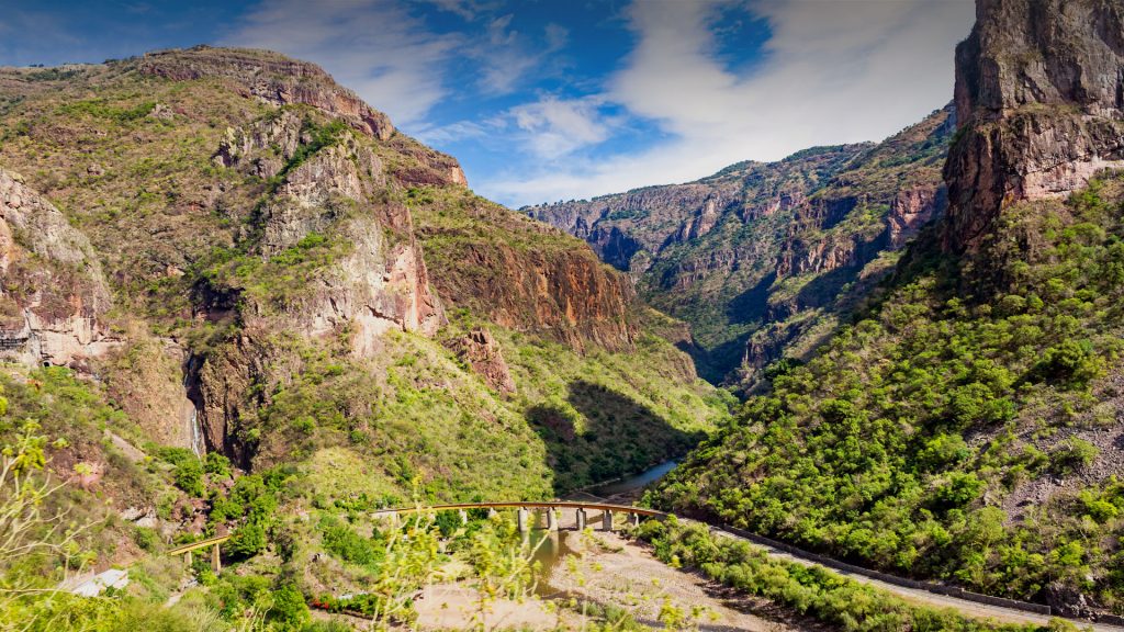 Railway in Copper Canyon on a sunny day, Chihuahua state, Sierra Madre Occidental, Mexico