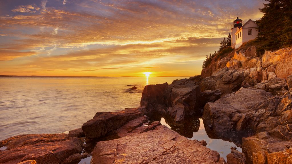The Bass Harbor Head Lighthouse at sunset, Acadia National Park, Maine, USA