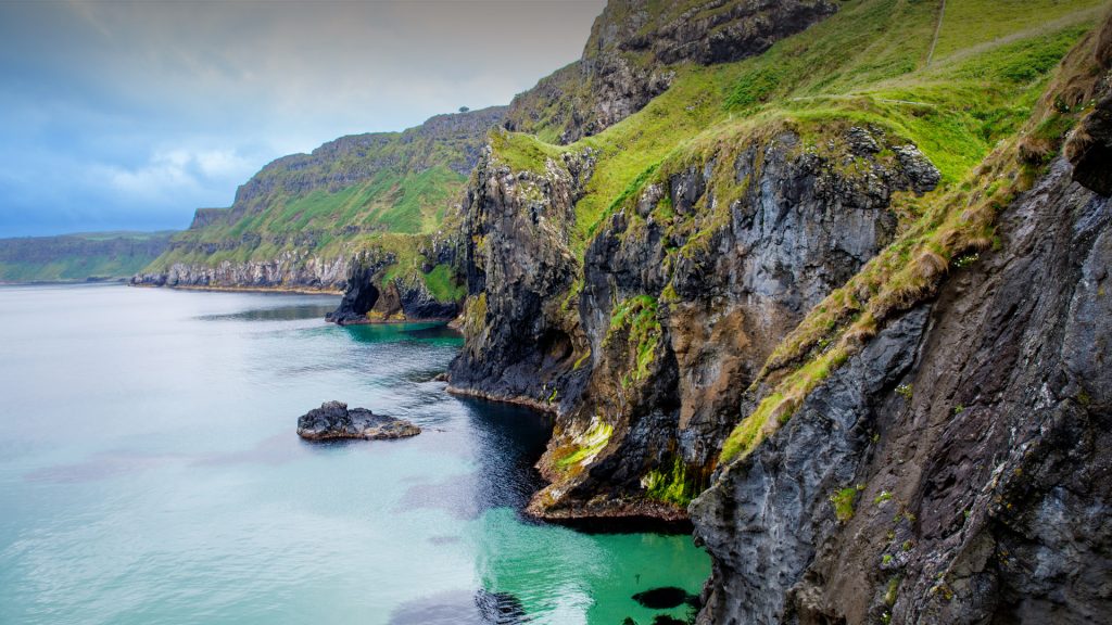Coast near Carrick-a-Rede Rope Bridge at Ballintoy in County Antrim, Northern Ireland, UK