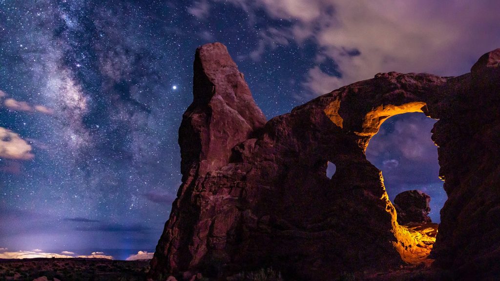 Antares and Milky Way over Turret Arch, Arches National Park, Utah, USA