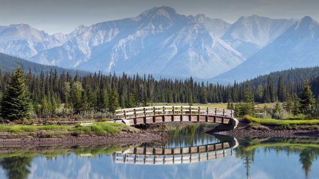 A view of a bridge over Cascade Ponds in Banff National Park, Alberta, Canada