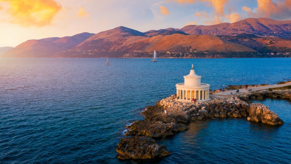 Aerial view of Lighthouse of Saint Theodore in Lassi, Argostoli, Kefalonia island in Greece