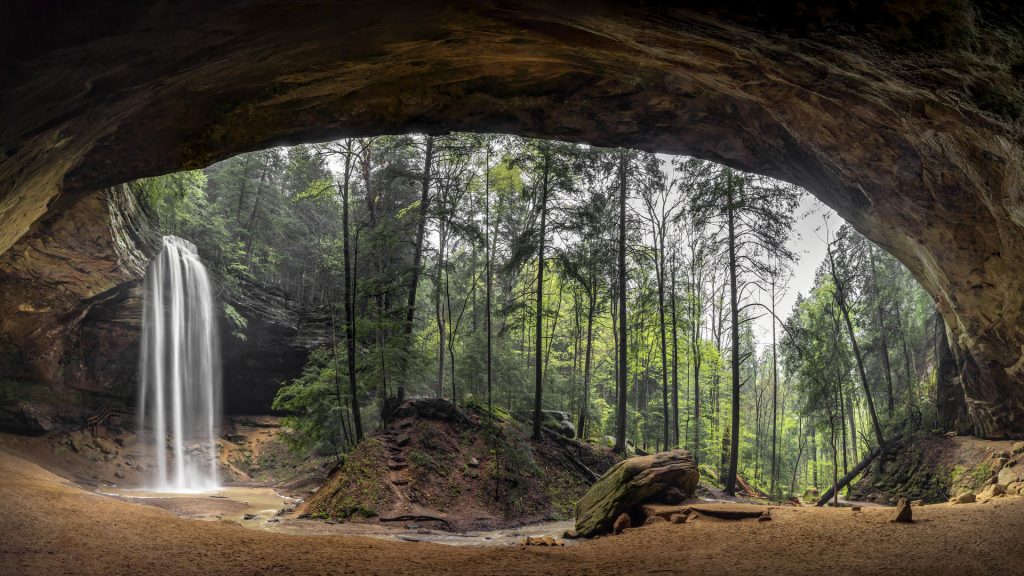 Panorama inside Ash Cave in the Hocking Hills State Park of Ohio, USA