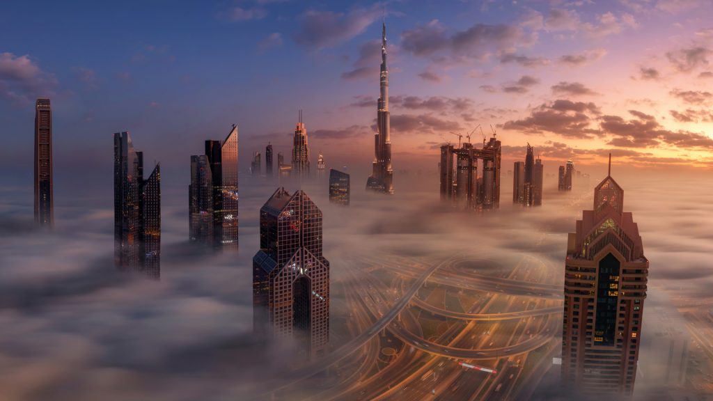 Dubai Downtown in beautiful fog, United Arab Emirates