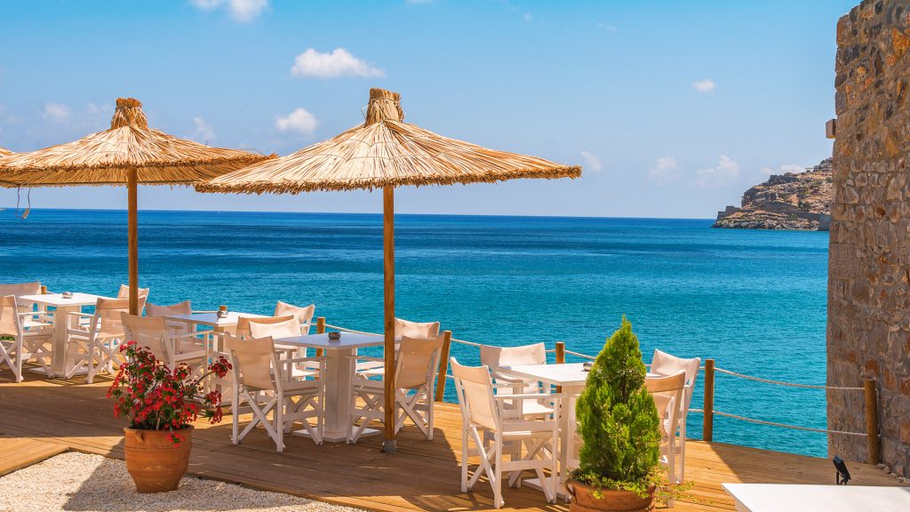 Restaurant by the Mediterranean Sea on Crete island, Greece
