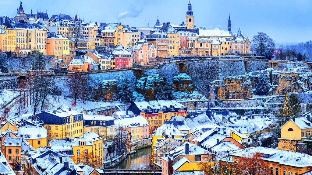 Old town of Luxembourg city snow white in winter