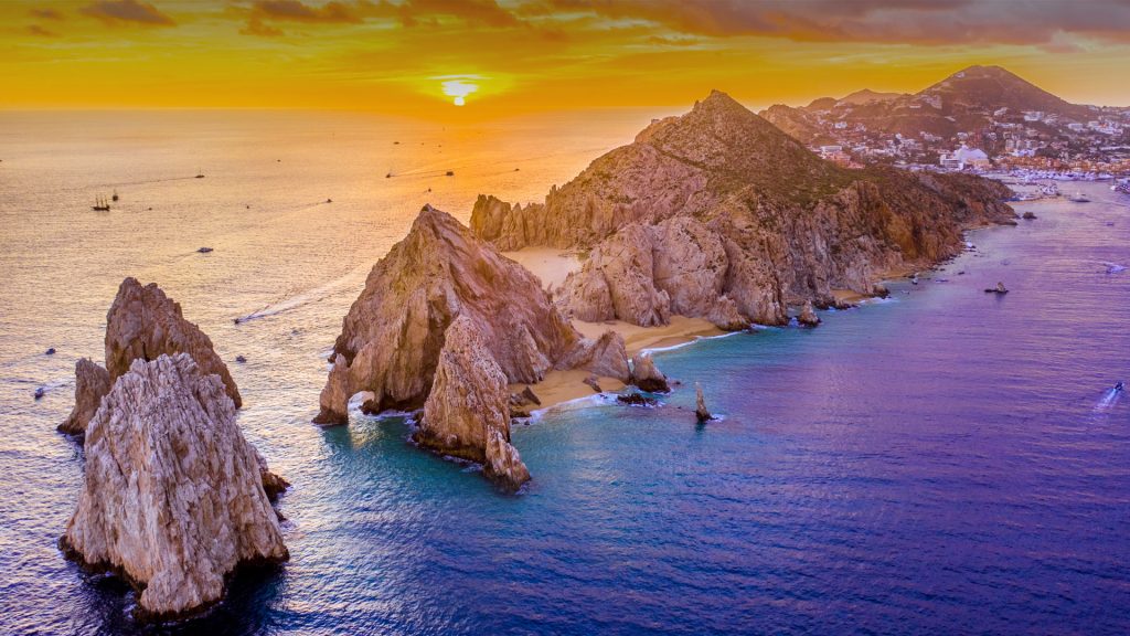 Aerial view of Lands End at Cabo San Lucas during sunset, Baja California Sur, Mexico