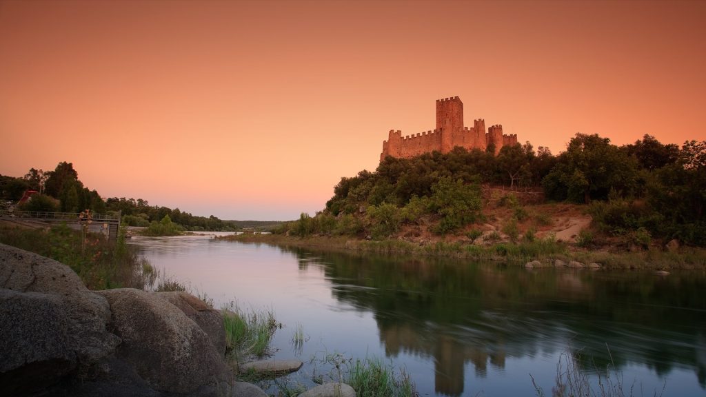 Medieval Castle of Almourol on River Tagus at dusk, Ribatejo, Portugal