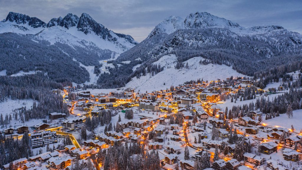 San Martino di Castrozza at winter dawn after snowfall, Dolomites, Primiero, Trentino, Italy