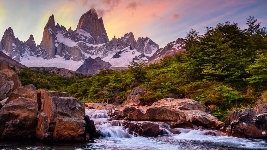 Fitz Roy mountain near El Chaltén at sunset, Patagonia between Argentina and Chile