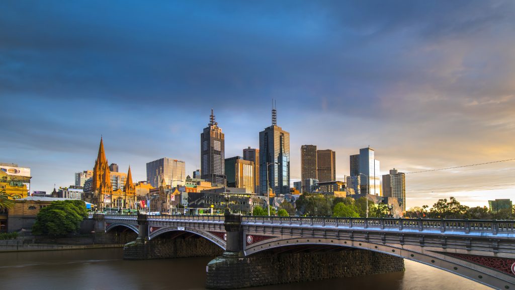 Yarra river with Princess Bridge and Flinders Street station at sunrise, Melbourne, Australia