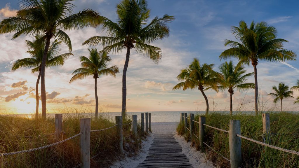 View of footbridge to the Smathers beach at sunrise, Key West, Florida, USA