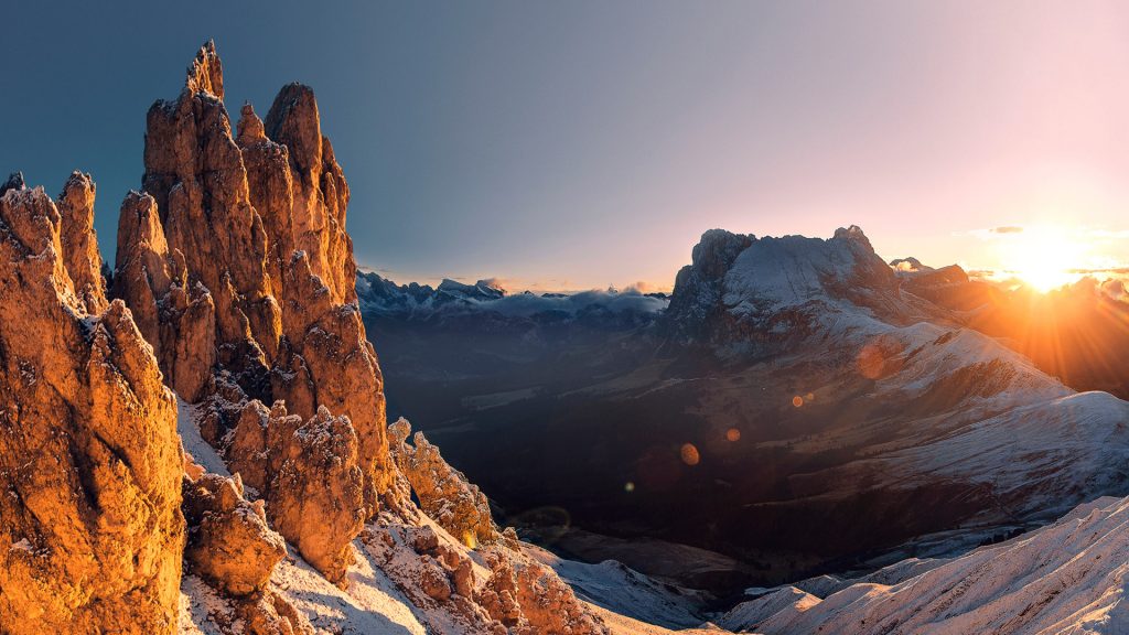 Panorama with winter sunrise in Alps mountains, Dolomites, South Tyrol, Italy
