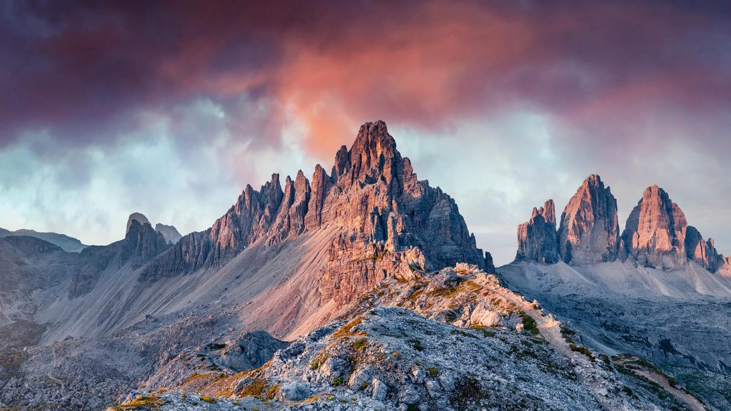 Morning at Paternkofel and Tre Cime Di Lavaredo mountain peaks, Dolomites, South Tyrol, Italy
