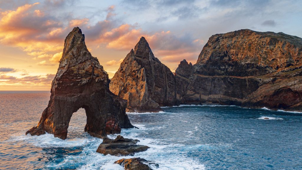 Sea stack rocks at sunrise, Ponta do Rosto, Sao Lourenco Peninsula, Madeira island, Portugal