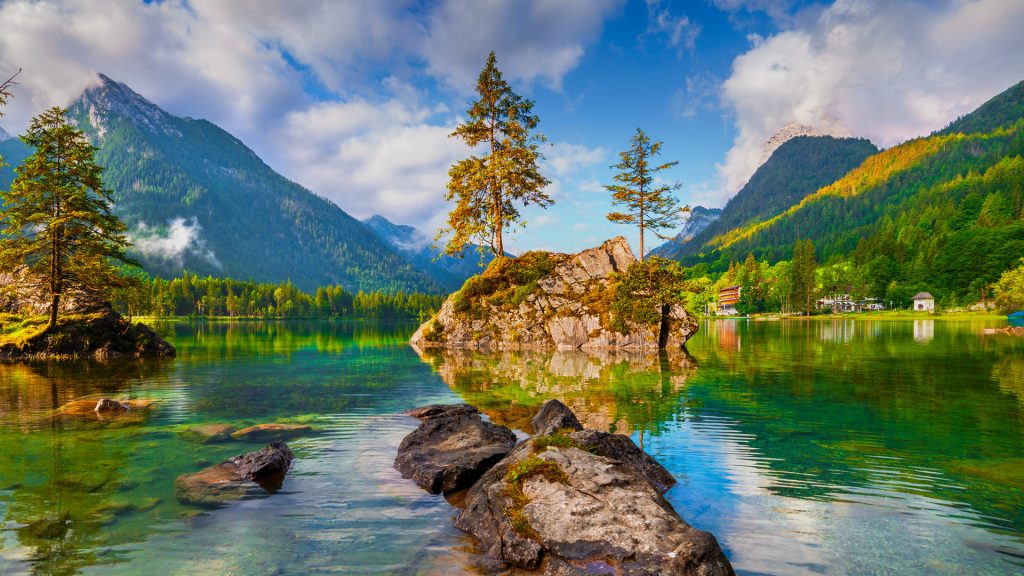 Misty summer morning on the Hintersee lake in Austrian Alps, Ramsau, Bavaria, Germany