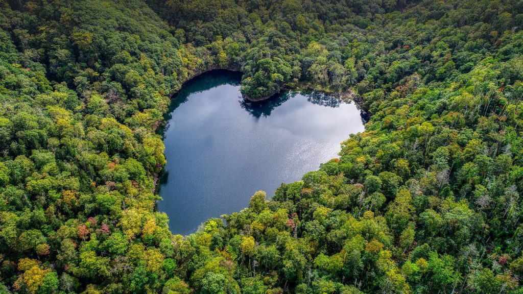 Aerial view of heart-shaped Lake Toyoni, Hokkaido, Japan