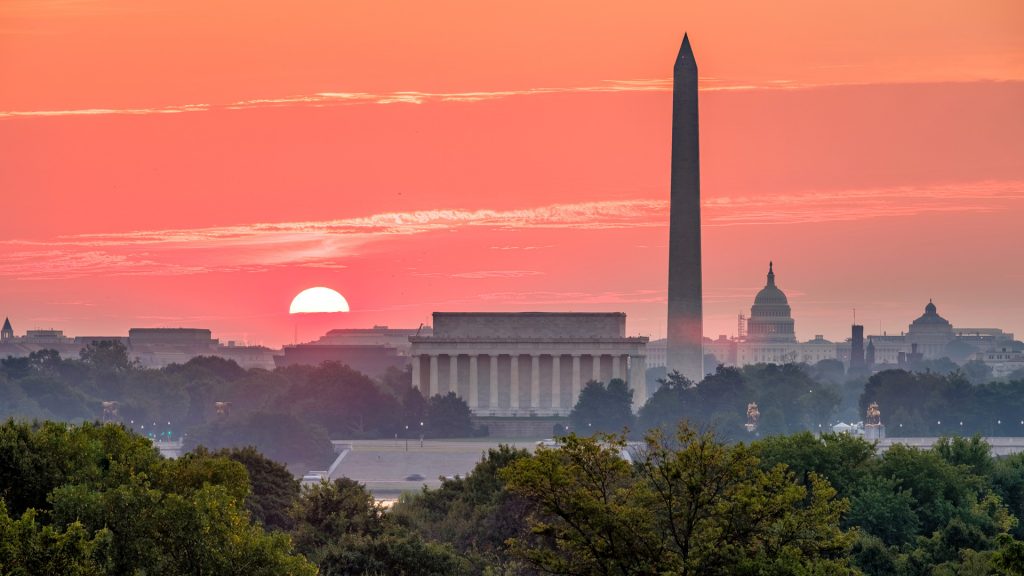 Summer sunrise over Washington, D.C., Arlington, Virginia, USA