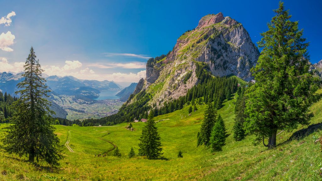 Summer landscape with Grosser Mythen mountain and green meadows, Ibergeregg, Switzerland