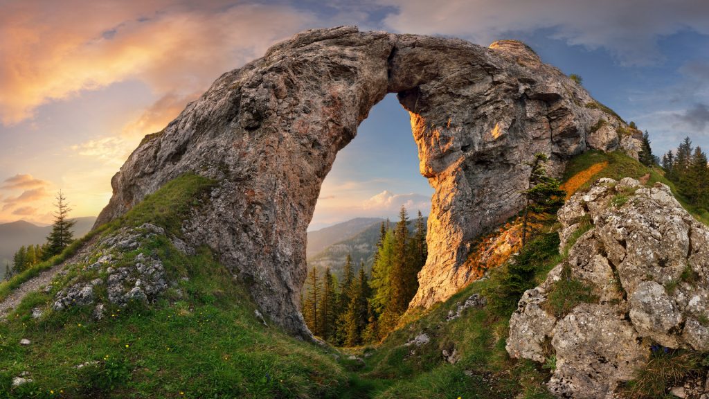 Mountain landscape with big rock at sunset, Low Tatras, Slovakia